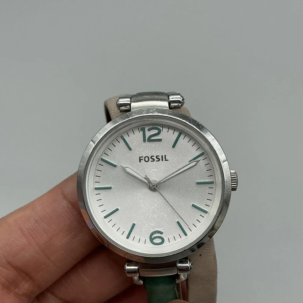 Fossil Georgia ES3224 Women Watch 32mm Silver Dial Green Tan Leather New Battery